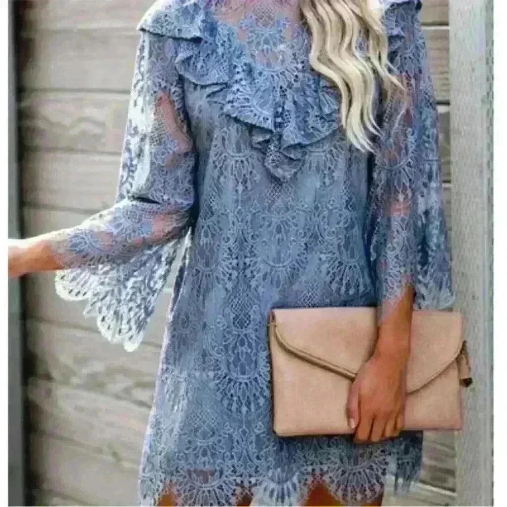 Vici Lace Mini Dress Ruffle Detail 3/4 Length Sleeve Scalloped Hem Size Small